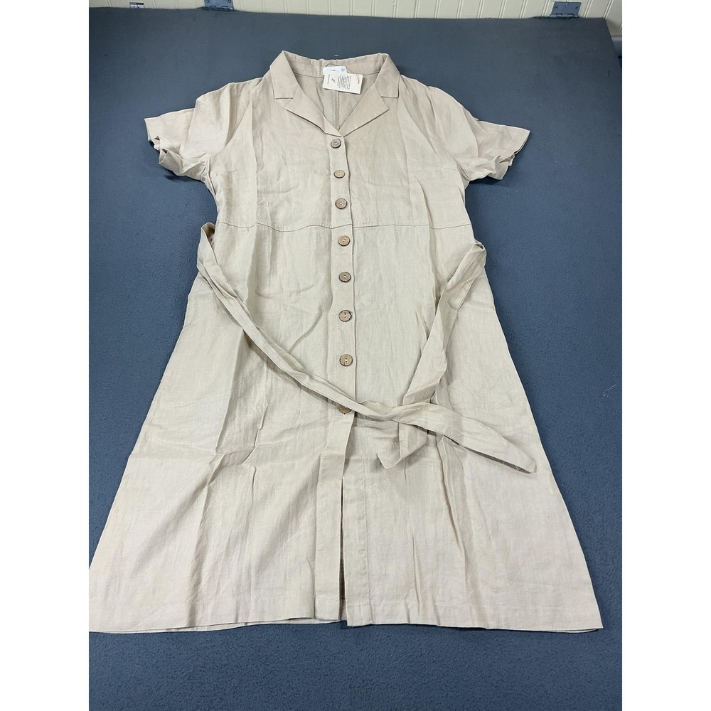 Grae Cove Shirt Dress Womens XL Beige Linen Knee Length Button Pockets Cottage
